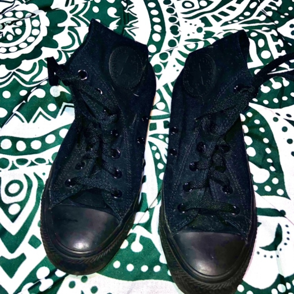 Like new black high top converse with black souls, women size 8, men’s size 6